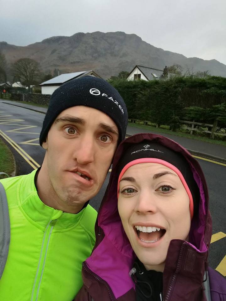 Chris and Sarah in the Lake District in January. Looking nervous in the rain. About to start the Lakeland 50 recce event