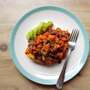 Baked sweet potato and chipotle beans