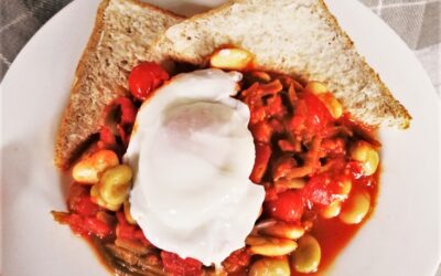 Quick Smokey Bean Stew with Poached Eggs