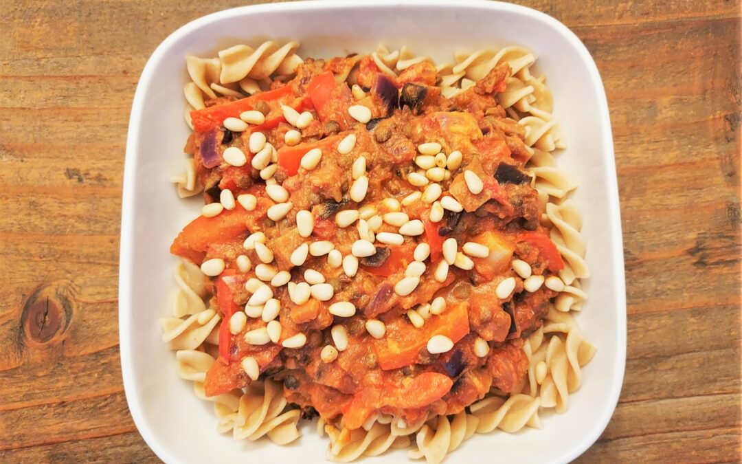 Spicy Lentil and Aubergine Pasta