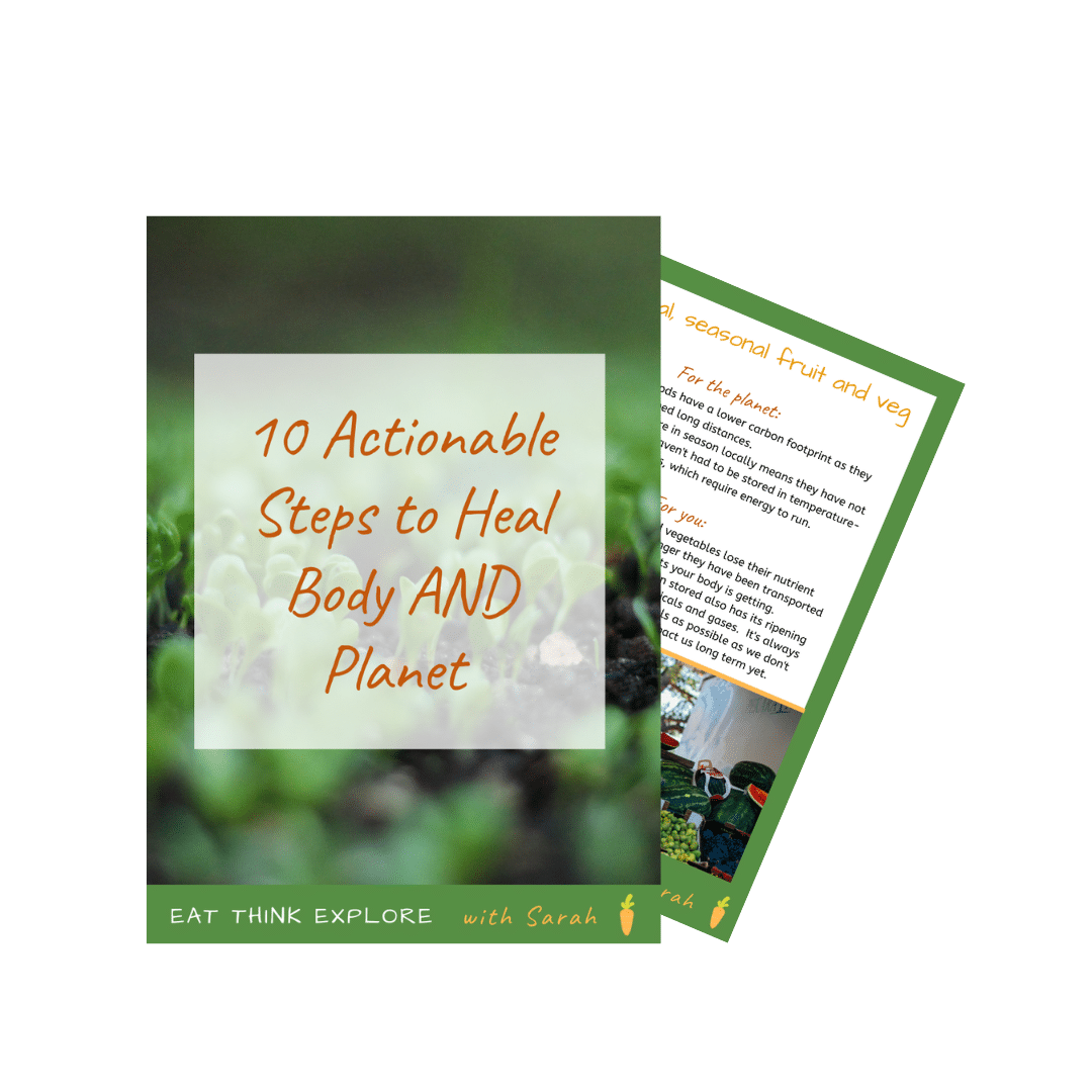 Guide with the title '10 Actionable steps to heal body and planet'