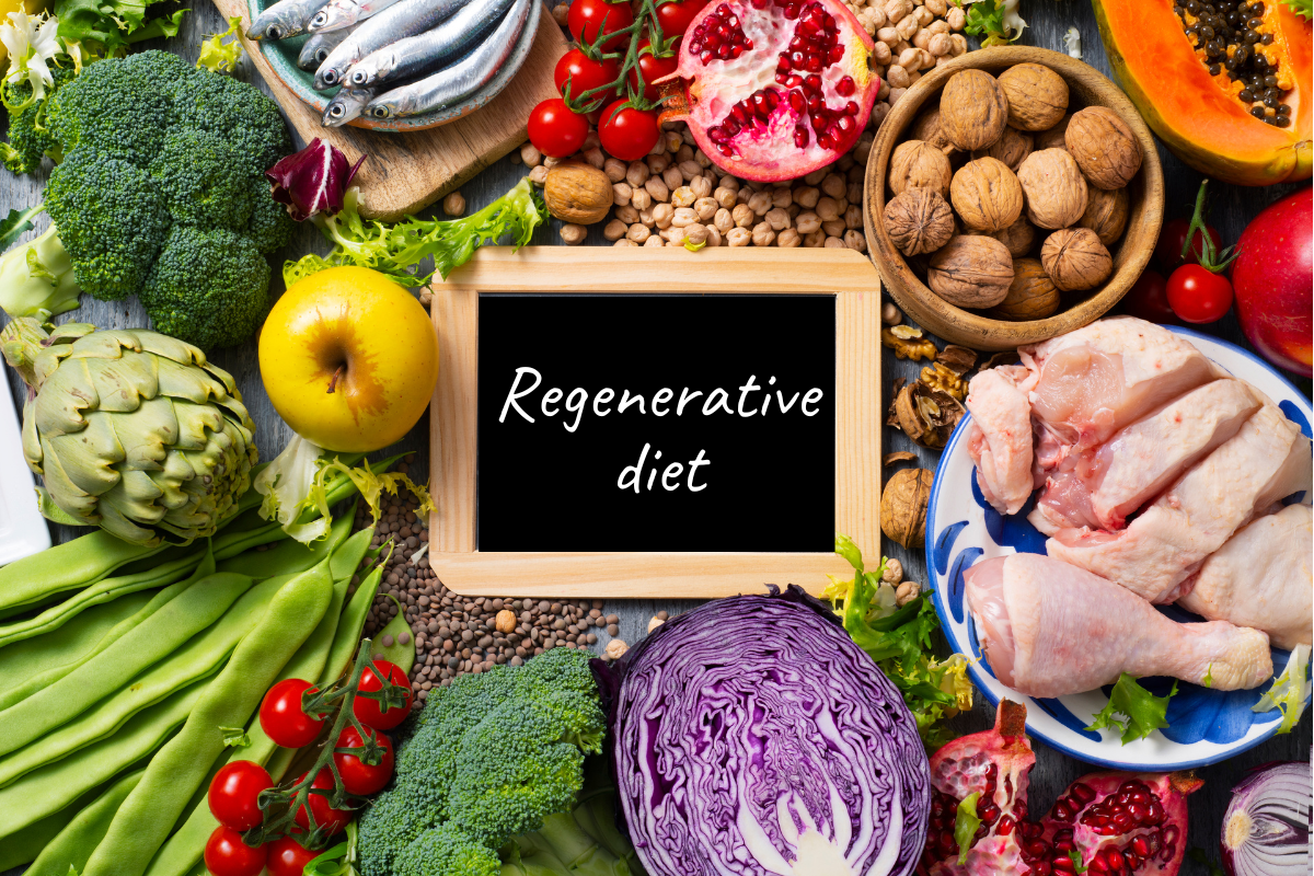 a picture of fruits, veg, meats, legumes, and nuts to show the components of a sustainable regenerative diet