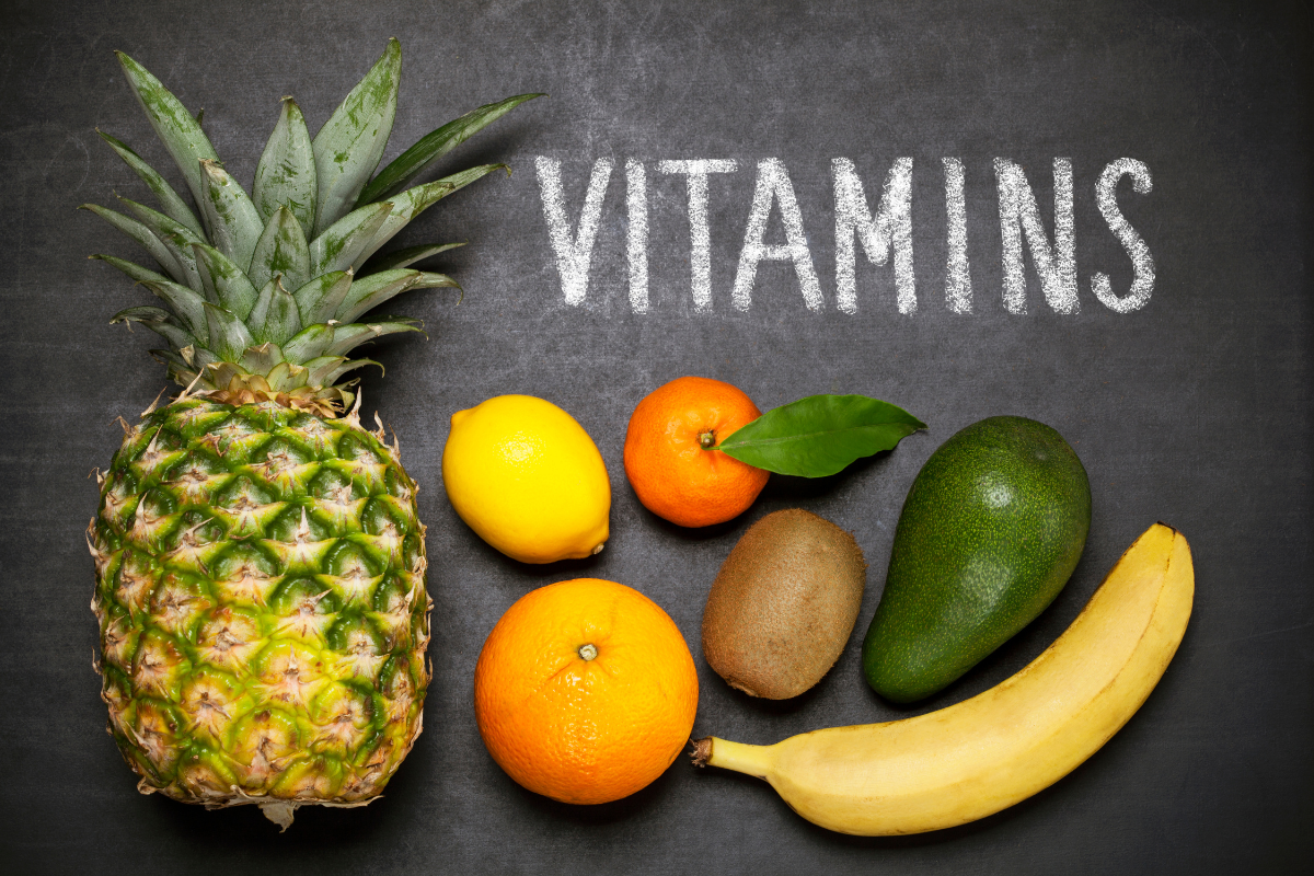 image of fruits and the word vitamins